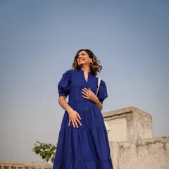 Indolady Royal Blue Breeze Tiered Cotton Maxi Dress
