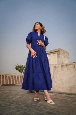 Indolady Royal Blue Breeze Tiered Cotton Maxi Dress