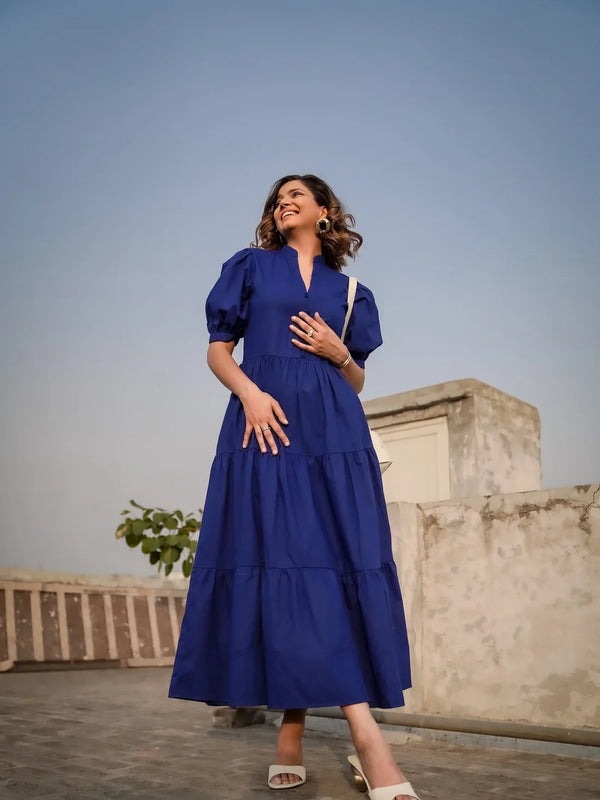 Indolady Royal Blue Breeze Tiered Cotton Maxi Dress