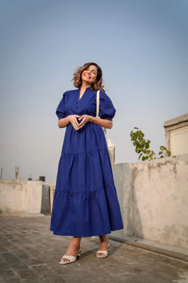 Indolady Royal Blue Breeze Tiered Cotton Maxi Dress