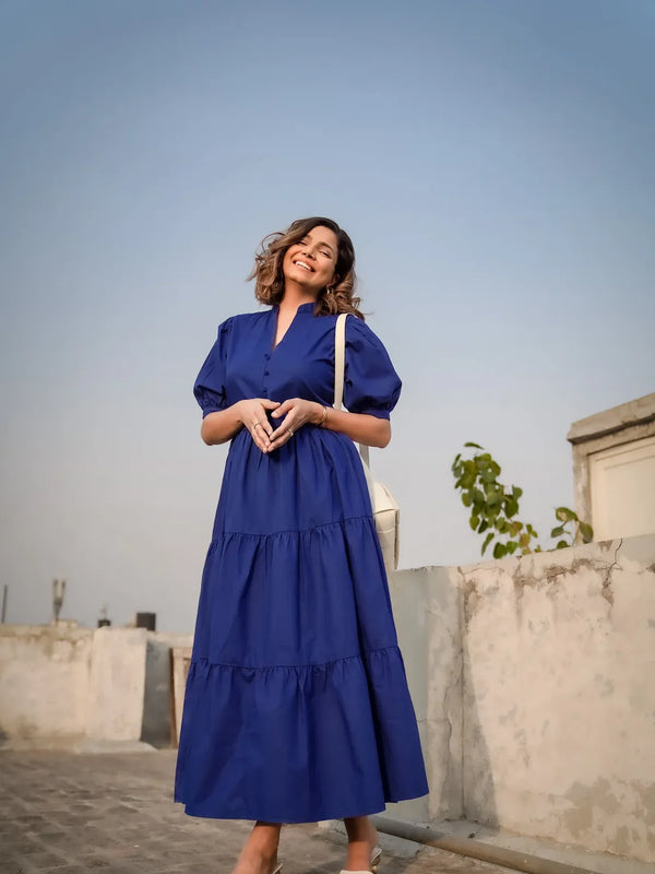 Indolady Royal Blue Breeze Tiered Cotton Maxi Dress