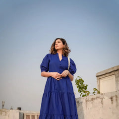 Indolady Royal Blue Breeze Tiered Cotton Maxi Dress