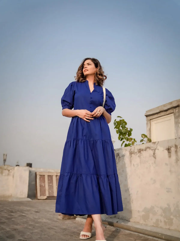 Indolady Royal Blue Breeze Tiered Cotton Maxi Dress
