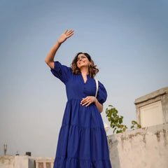 Indolady Royal Blue Breeze Tiered Cotton Maxi Dress