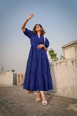 Indolady Royal Blue Breeze Tiered Cotton Maxi Dress