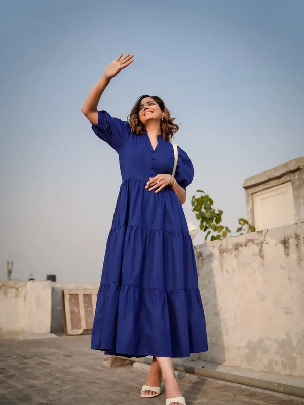 Indolady Royal Blue Breeze Tiered Cotton Maxi Dress