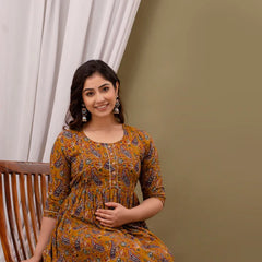 Mustard Cotton Maternity Gown with Feeding Zip