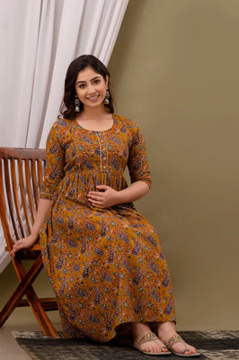 Mustard Cotton Maternity Gown with Feeding Zip