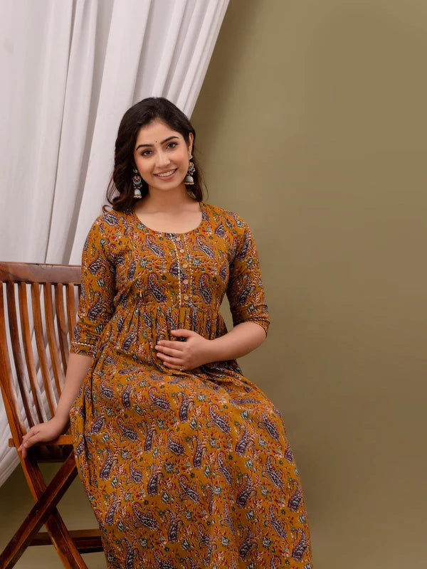 Mustard Cotton Maternity Gown with Feeding Zip