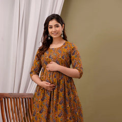 Mustard Cotton Maternity Gown with Feeding Zip