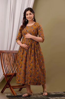 Mustard Cotton Maternity Gown with Feeding Zip
