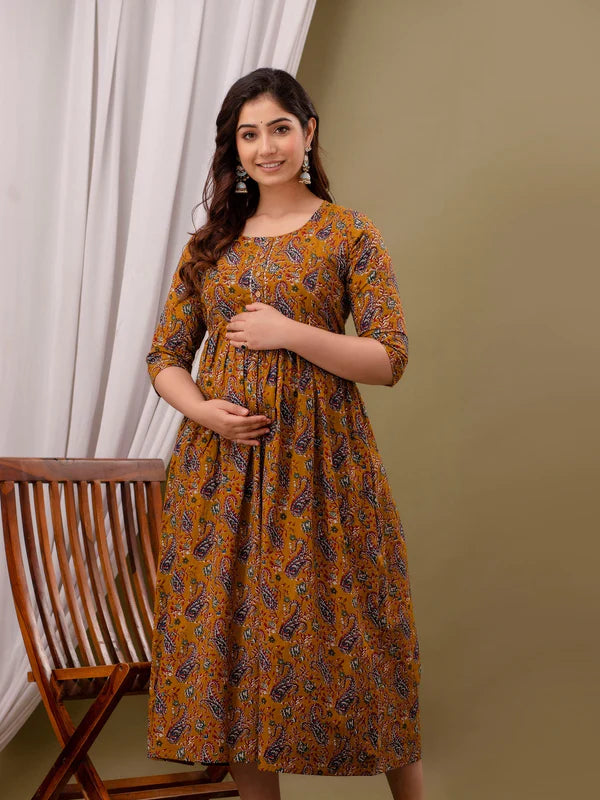 Mustard Cotton Maternity Gown with Feeding Zip