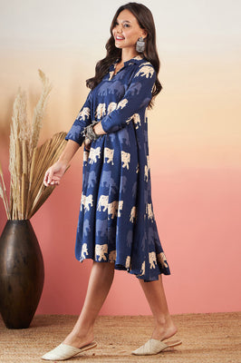 Indolady Elephant Print Navy Blue Midi Dres