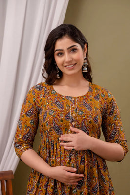 Mustard Cotton Maternity Gown with Feeding Zip