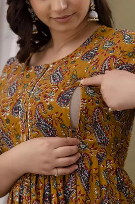 Mustard Cotton Maternity Gown with Feeding Zip