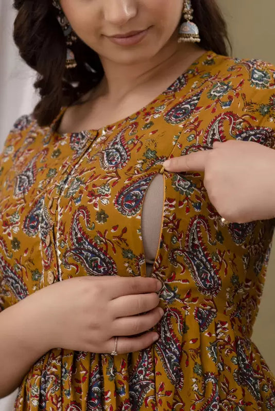 Mustard Cotton Maternity Gown with Feeding Zip