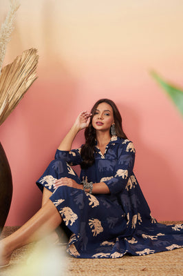 Indolady Elephant Print Navy Blue Midi Dres