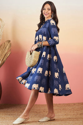 Indolady Elephant Print Navy Blue Midi Dres