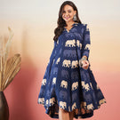Indolady Elephant Print Navy Blue Midi Dres
