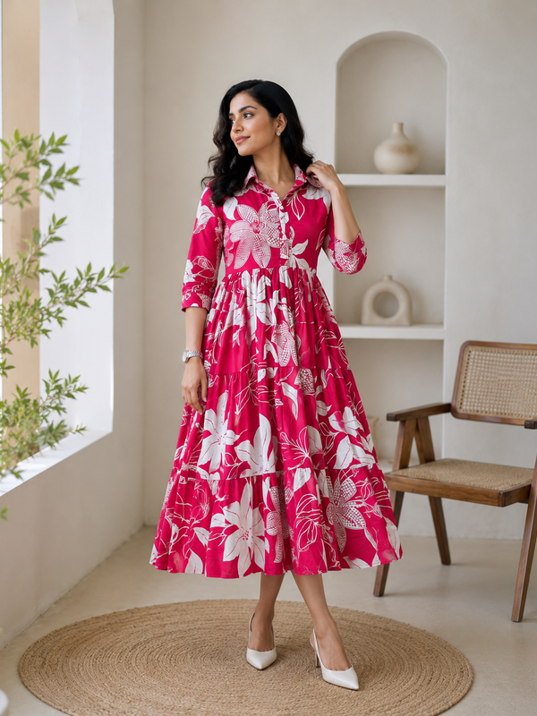 Floral Reverie Cotton Tiered Dress