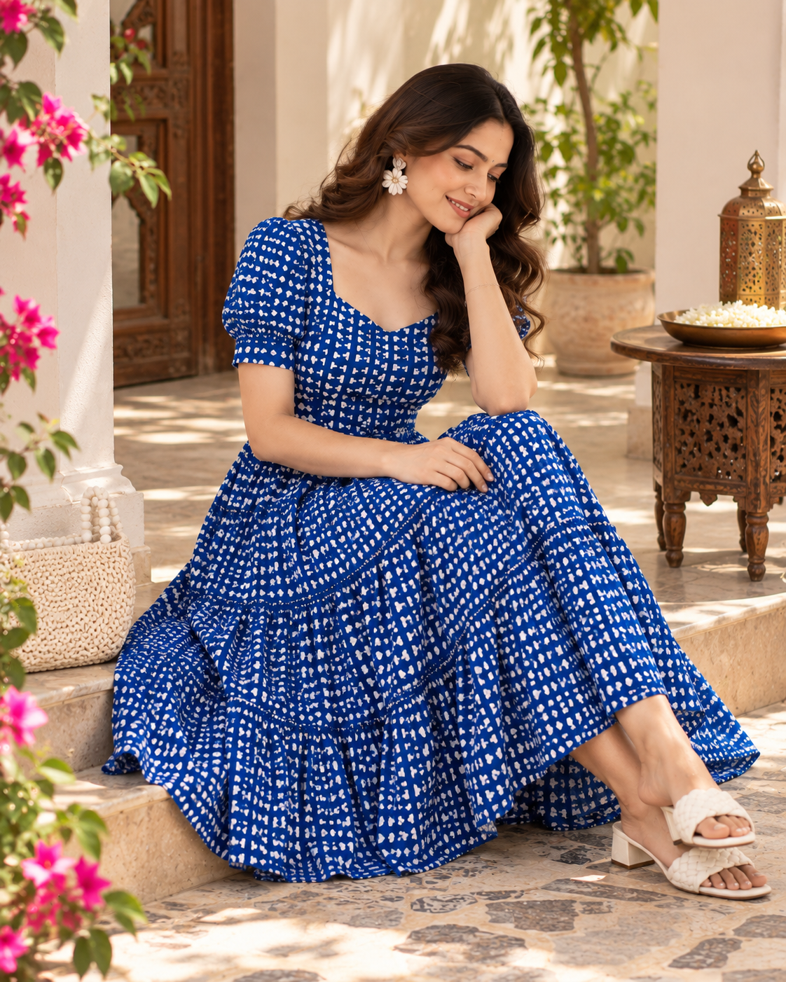 Blue Petal Cotton Flare Midi Dress