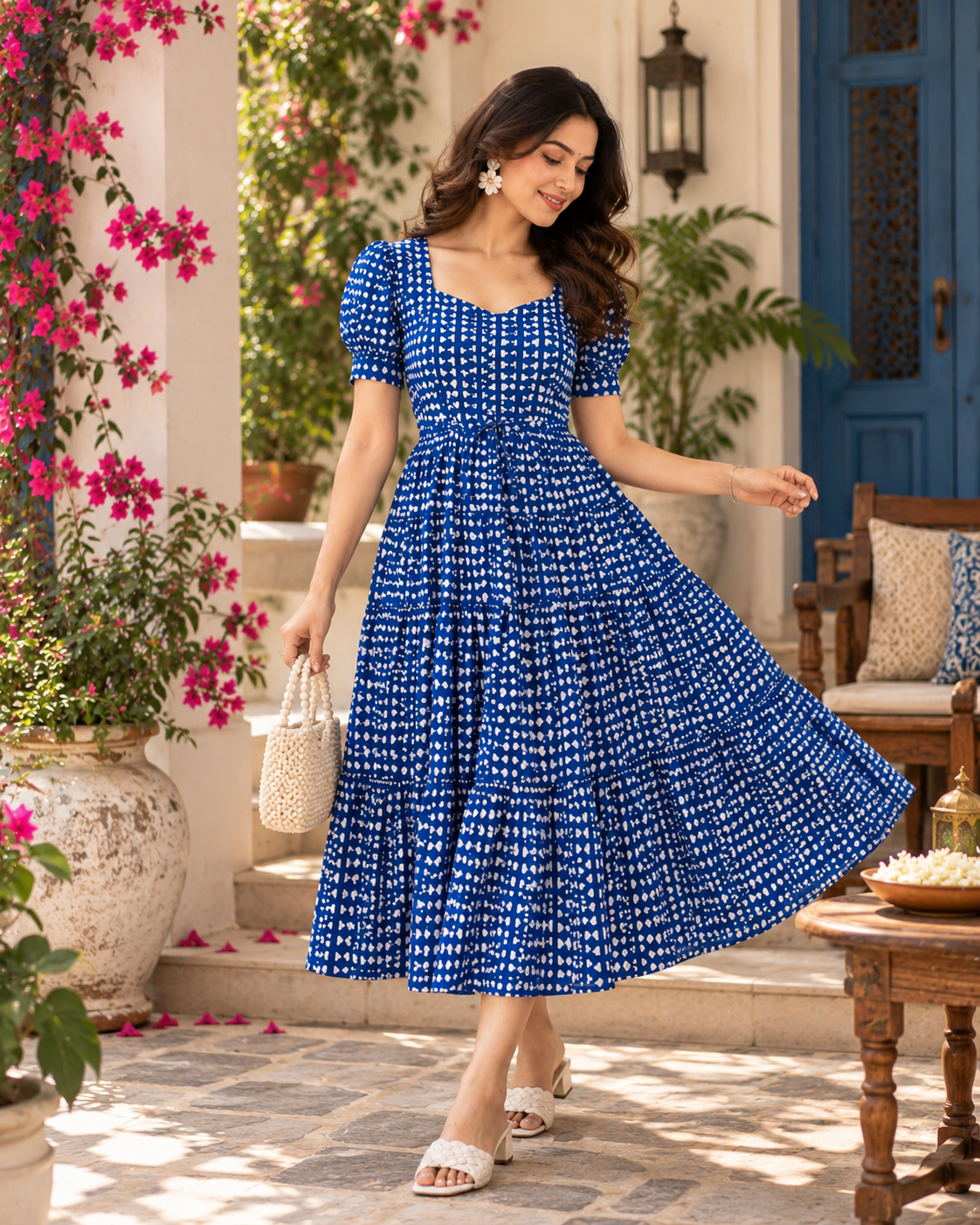 Blue Petal Cotton Flare Midi Dress