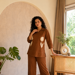Brown Cotton Flex Co-Ord Set with Floral Embroidery