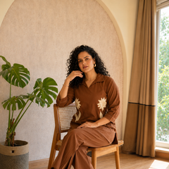 Brown Cotton Flex Co-Ord Set with Floral Embroidery