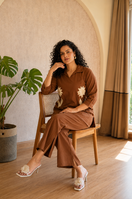 Brown Cotton Flex Co-Ord Set with Floral Embroidery