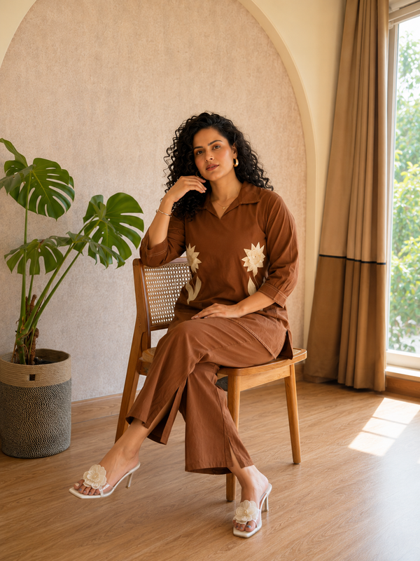 Brown Cotton Flex Co-Ord Set with Floral Embroidery