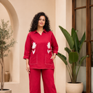 Crimson Petal Cotton Flex Co-Ord Set with Statement Floral Embroidery