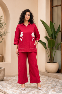 Crimson Petal Cotton Flex Co-Ord Set with Statement Floral Embroidery