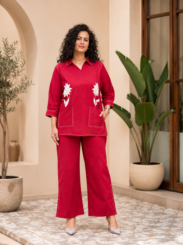 Crimson Petal Cotton Flex Co-Ord Set with Statement Floral Embroidery