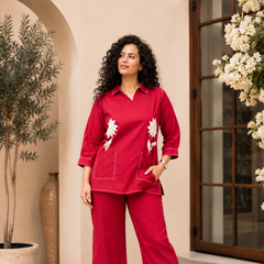 Crimson Petal Cotton Flex Co-Ord Set with Statement Floral Embroidery