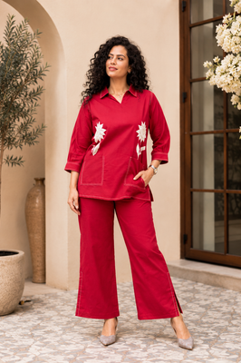 Crimson Petal Cotton Flex Co-Ord Set with Statement Floral Embroidery