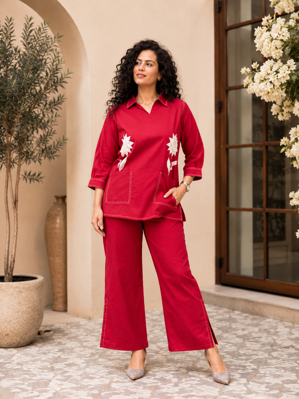 Crimson Petal Cotton Flex Co-Ord Set with Statement Floral Embroidery