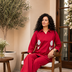 Crimson Petal Cotton Flex Co-Ord Set with Statement Floral Embroidery