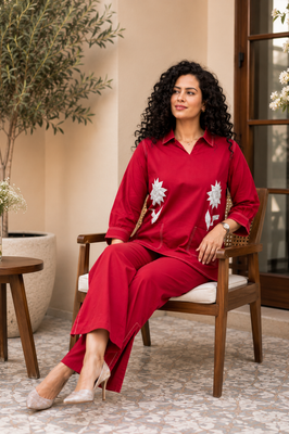 Crimson Petal Cotton Flex Co-Ord Set with Statement Floral Embroidery