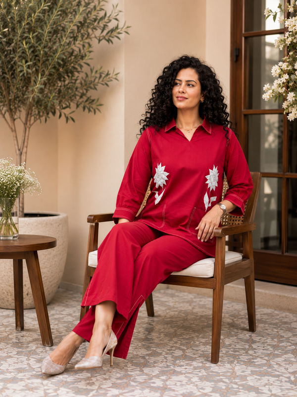 Crimson Petal Cotton Flex Co-Ord Set with Statement Floral Embroidery