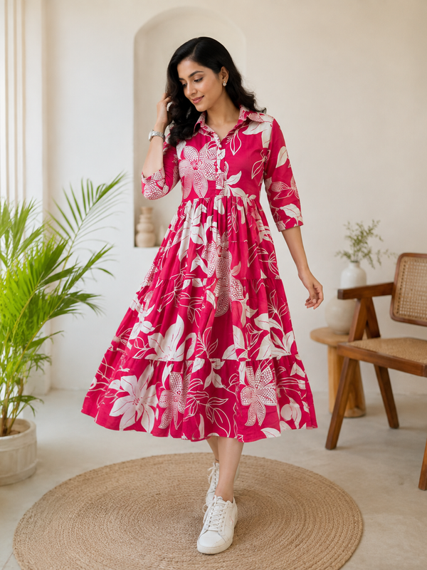 Floral Reverie Cotton Tiered Dress