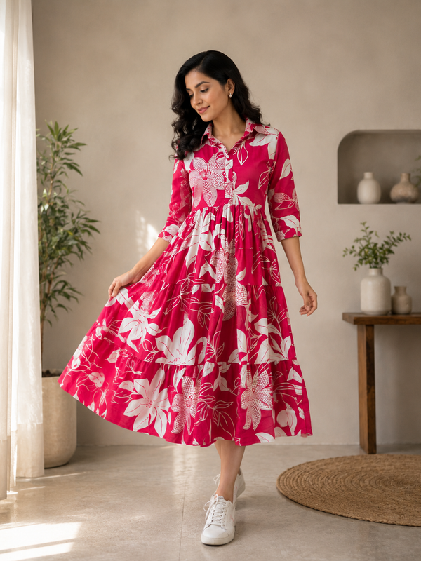 Floral Reverie Cotton Tiered Dress