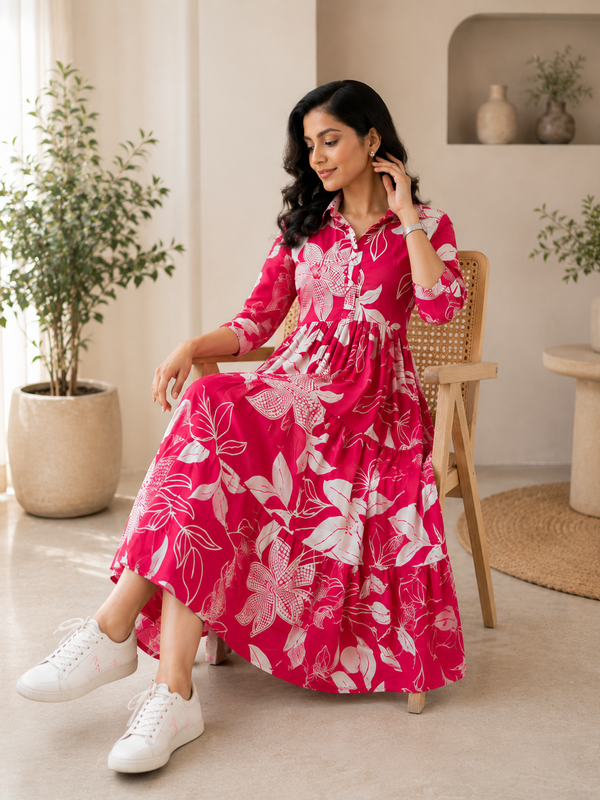 Floral Reverie Cotton Tiered Dress