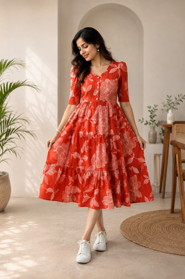 Scarlet Bloom Cotton Tiered Dress