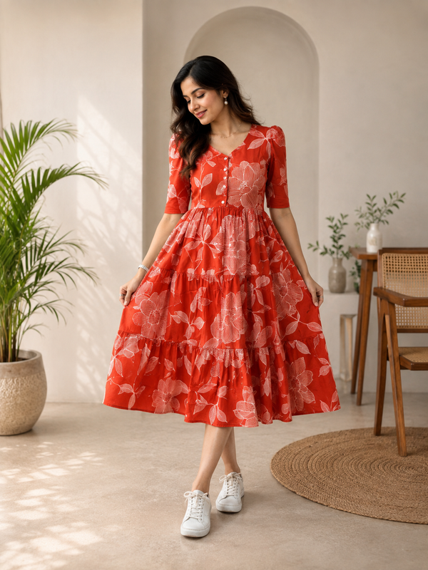 Scarlet Bloom Cotton Tiered Dress