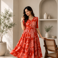 Scarlet Bloom Cotton Tiered Dress