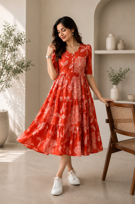 Scarlet Bloom Cotton Tiered Dress