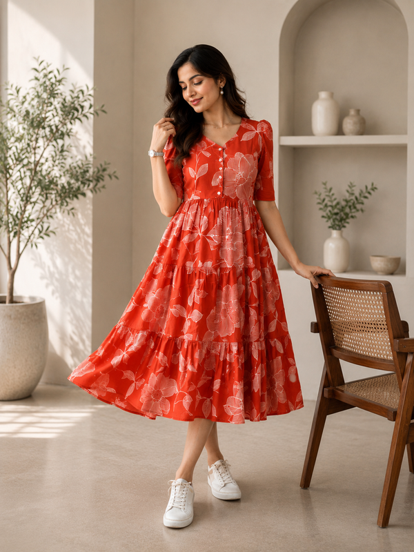 Scarlet Bloom Cotton Tiered Dress