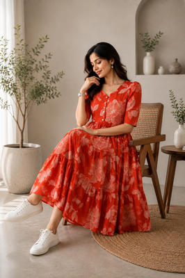 Scarlet Bloom Cotton Tiered Dress