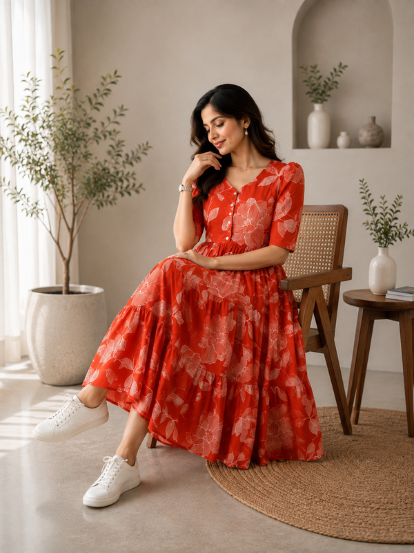 Scarlet Bloom Cotton Tiered Dress