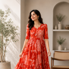 Scarlet Bloom Cotton Tiered Dress